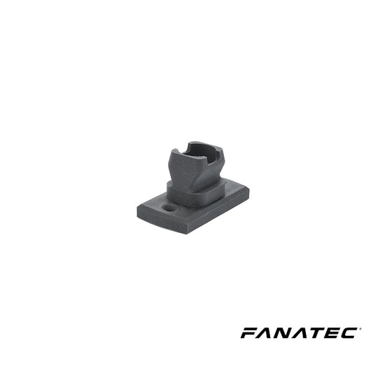 Zwart plastic montageonderdeel met ingebouwde beugel en vier schroefgaten, geleverd met twee schroeven en twee metalen bouten voor montage op racestuurwiel. Geschikt voor Fanatec-stuurwielmontages.