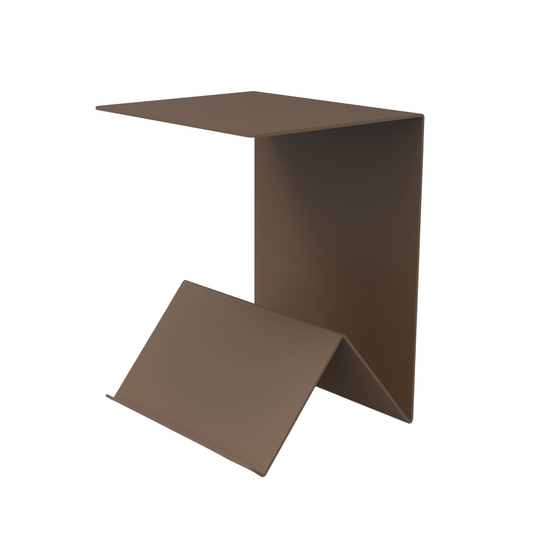 Een minimalistisch zwart bijzettafelmodel met scherpe hoeken en een gestileerde, geometrische vorm. Geschikt voor moderne woonkamer- of slaapkamerdecoratie met een stijlvolle, functionele uitstraling.