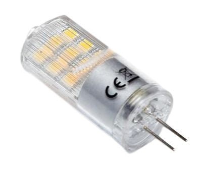 Een witte LED-lamp met G9-contacts, transparante glazen kap en zichtbare gele LED-chips. Geschikt voor energiezuinige verlichting in kasten en wandlampen.