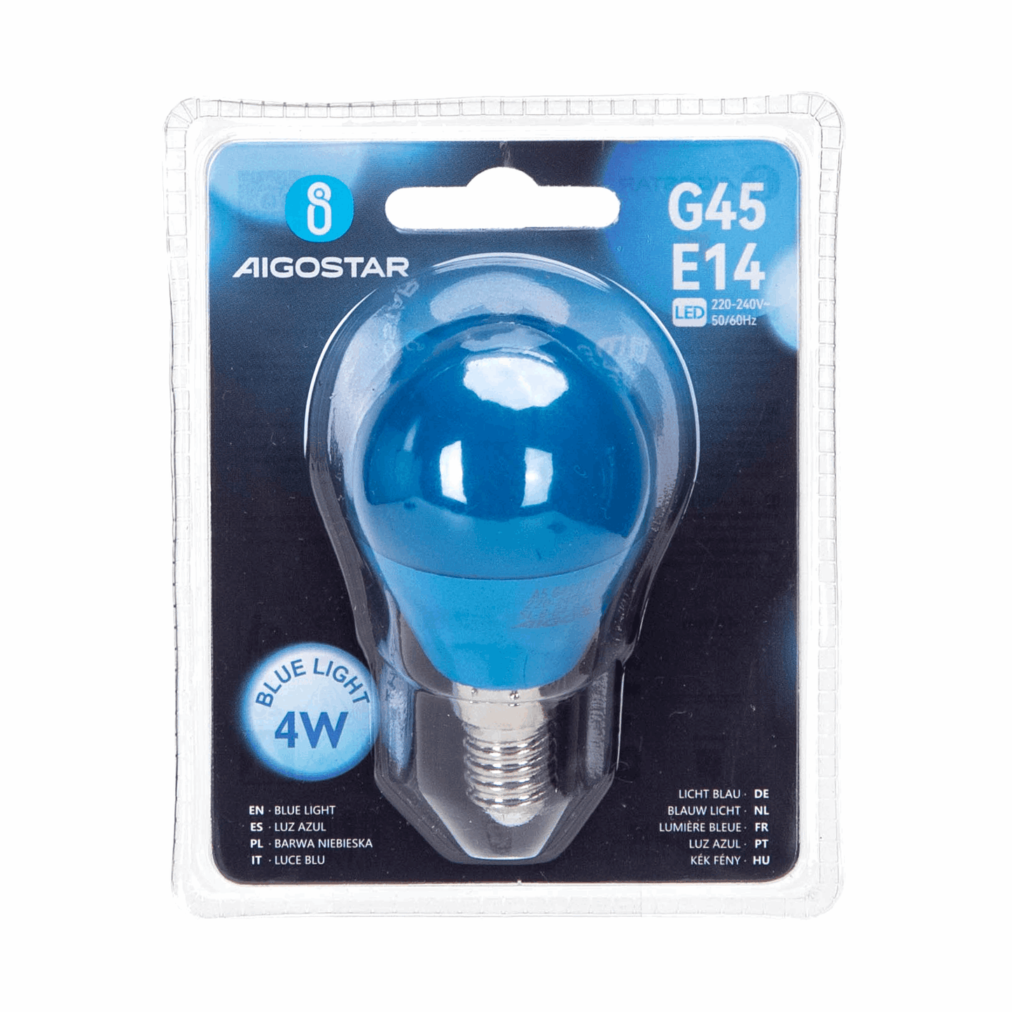 Blauwe LED-lampen met E14-schroefdraad, glanzend en mat, in een set van vijf. Perfect voor huis- en kantoorverlichting met energiebesparing.