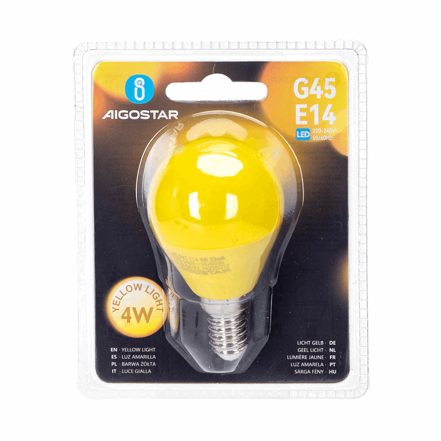 Vijf gele, ronde LED-lampen met E14-schroefdraad, zichtbaar op witte achtergrond. Geschikt voor huis- en kamerverlichting, met duidelijke CE-merking op het glas.