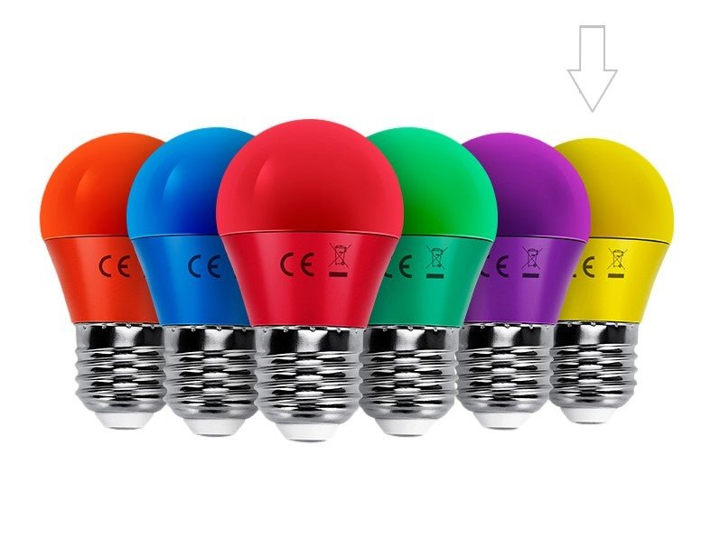 Vijf gele LED-lampen met E27-schroefdraad, glanzend metaal en CE-keurmerken. Ideaal voor huisverlichting en decoratieve verlichting.