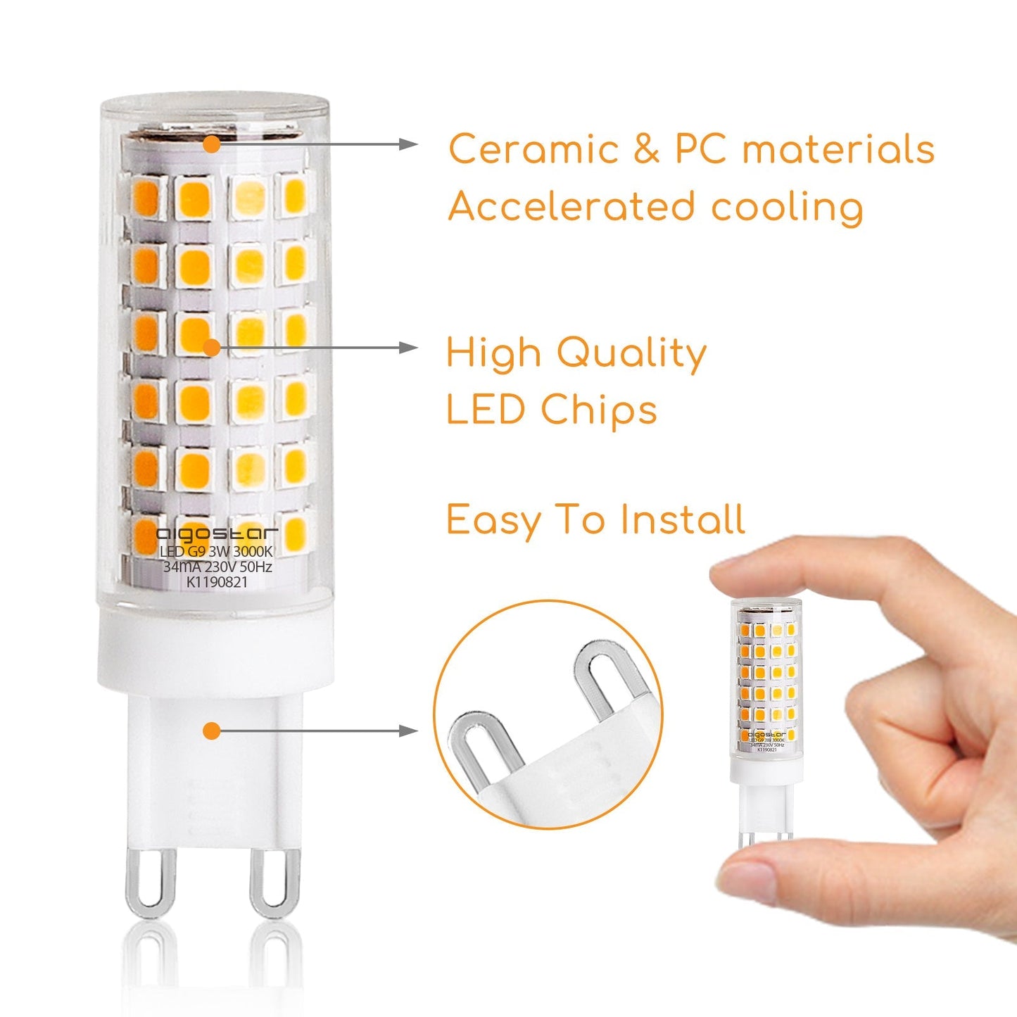 Een witte LED-lamp met G9-connector en zichtbare gele LED’s, geschikt voor energiezuinige verlichting in huishoudelijke en commerciële ruimtes.