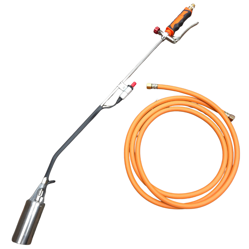 Zilverkleurige brander met oranje handvat en rode knop, geïntegreerd met een gevlochten oranje gasleiding. Geschikt voor professioneel gebruik in de tuin- en bouwsector.