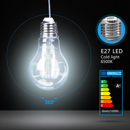 Zes glazen LED-lampen met zichtbare filamenten en zilverkleurige E27-schroefdraad, geïnspireerd op klassieke gloeilampen, geschikt voor moderne verlichting in woon- en werkomgevingen.