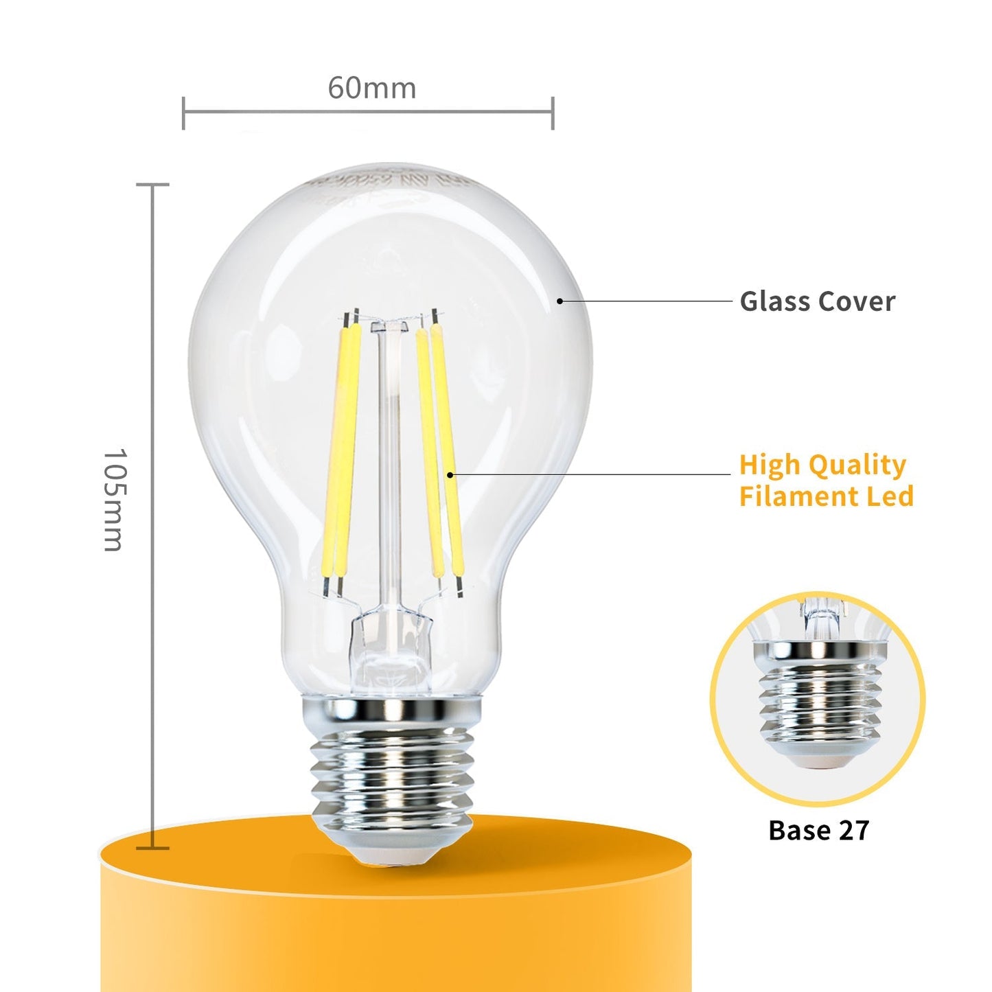 Zes glazen LED-lampen met zichtbare filamenten en zilverkleurige E27-schroefdraad, geïnspireerd op klassieke gloeilampen, geschikt voor moderne verlichting in woon- en werkomgevingen.