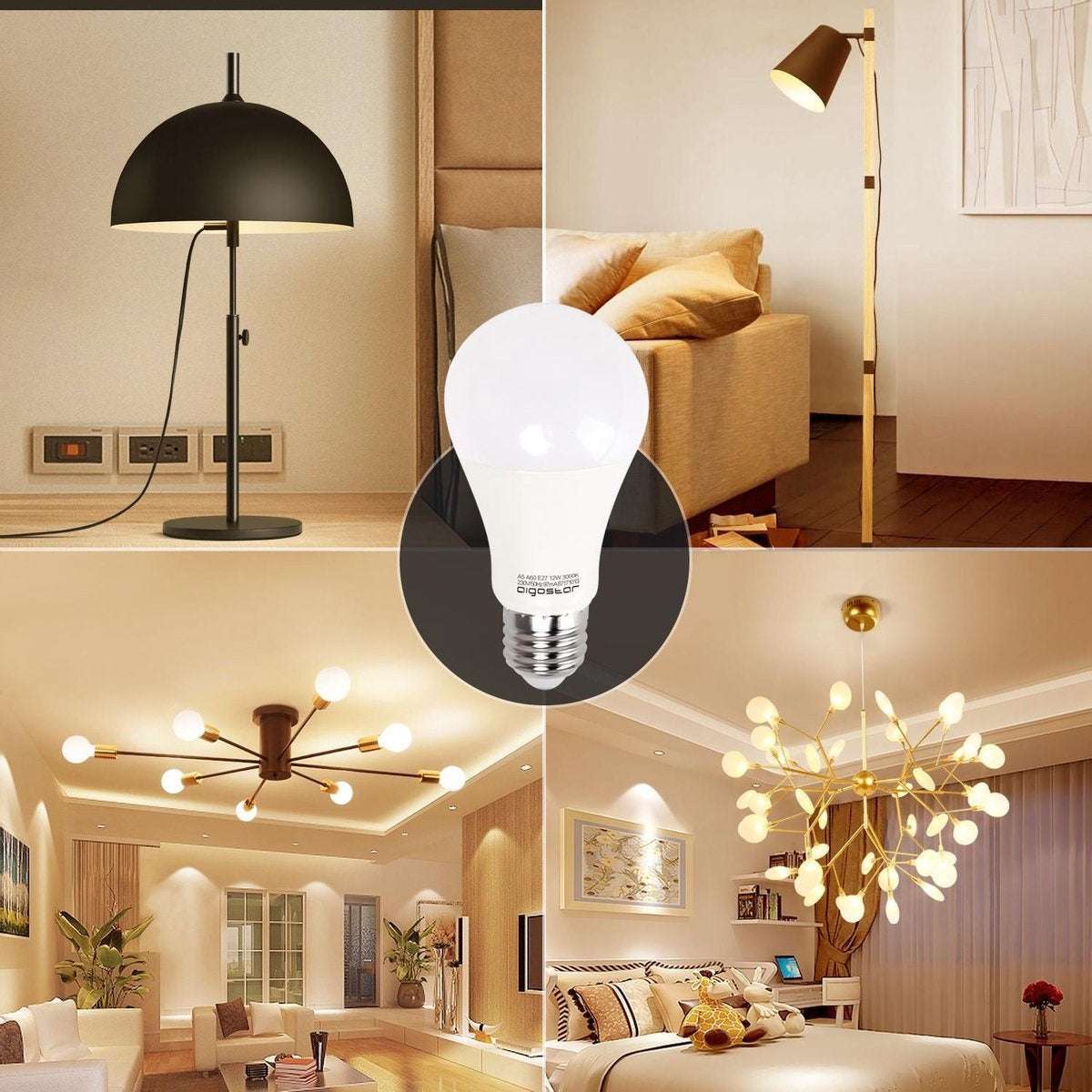 Zes witte LED-lampen met E27-schroefdraad en warm wit licht, voorzien van een brede hoekverlichting, staan voor een witte verpakking met productdetails. Geschikt voor energiezuinige verlichting in huishoudens en kantoren.