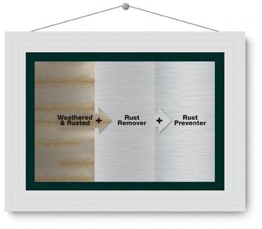 Golden Care roestverwijderaar voor roestvrij staal, witte fles met groen label, voorzien van 'before-after' afbeelding, geschikt voor zowel binnen- als buitengebruik.