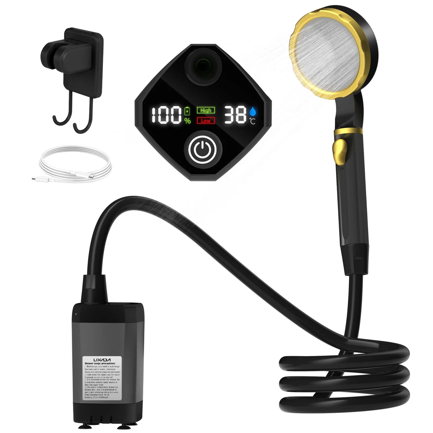 Comnox - Draagbare Camping Douchepomp - Digitale Display - Oplaadbaar - Buitendouche met Waterstop - 6000mAh Battery - Camping Shower - Grijs