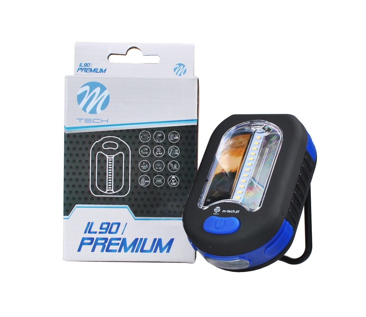 Een compacte, blauw-zwarte LED-lamp met een handige hanger, geschikt voor gebruik in de garage of bij nachtelijke werken. De lamp heeft een heldere verlichtingskop en een duidelijk merklogo.