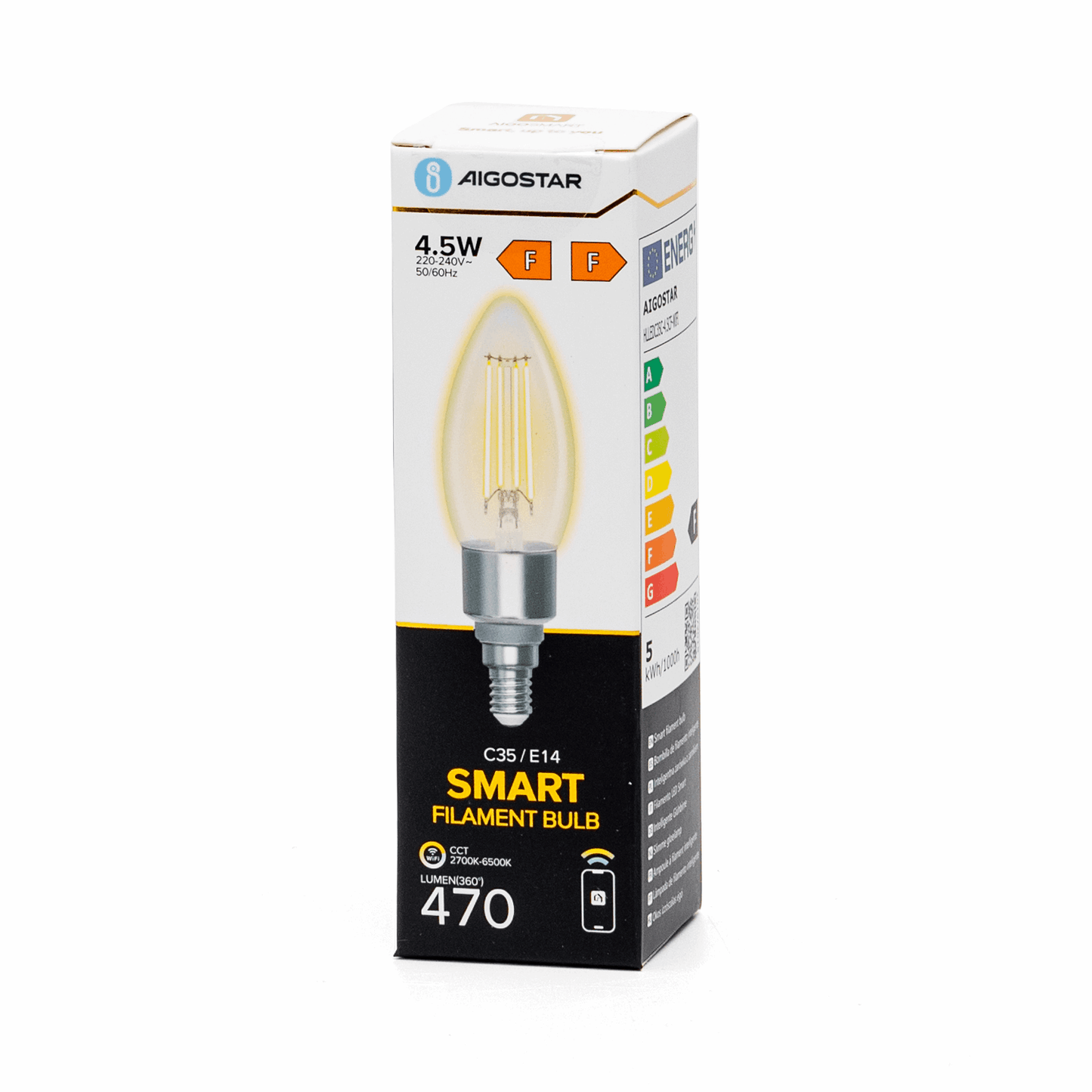 Een glazen, kandelaarvormige LED-lamp met zichtbare filamenten en zilverkleurige E14-schroefdraad. Geschikt voor warme tot koele witte verlichting, ideaal voor moderne interieurs en mobiele app-gebruik.