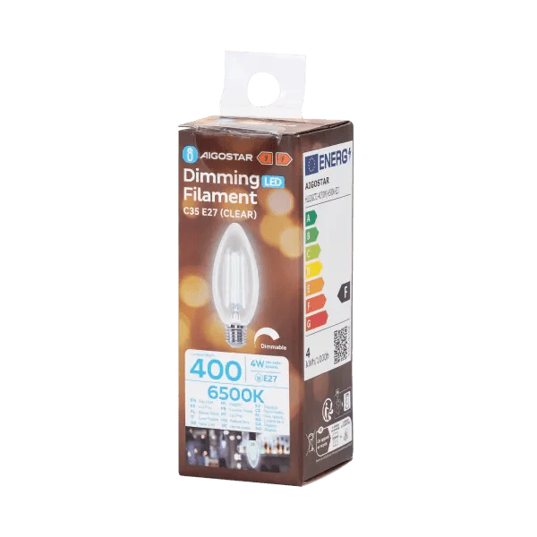 Een glazen LED-lampje met kroonluchtervorm, zichtbare gele filamenten en zilverkleurige E27-schroefdraad, geschikt voor warme, sfeervolle verlichting in woon- en decoratieve toepassingen.