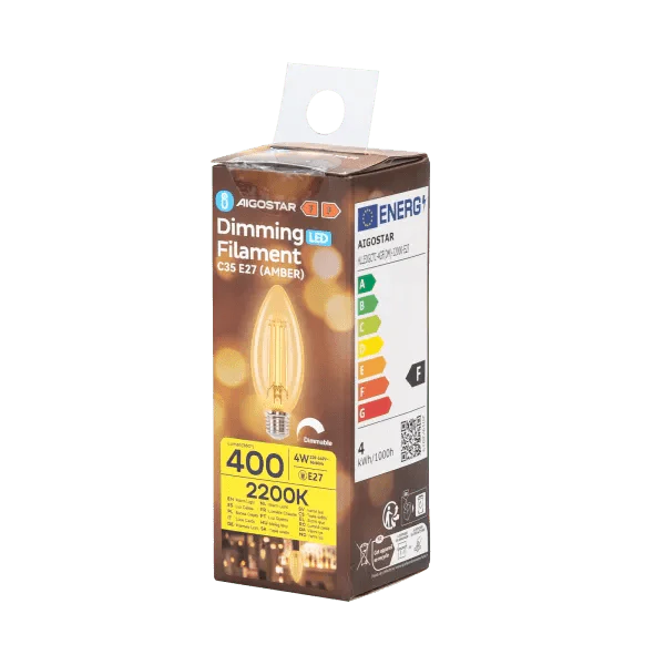 Een klassieke LED-lamp met kroonluchtervorm, helder glas en zichtbare gele filamenten, voorzien van een zilverkleurige E27-schroefdraad. Ideaal voor warme, sfeervolle verlichting in woon- en decoratieve toepassingen.