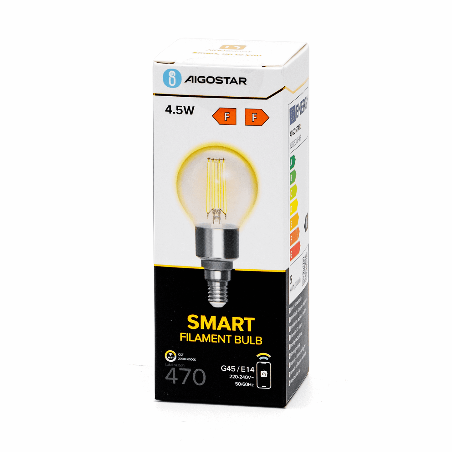 Een glazen filamentlamp met E14-schroefdraad, uitgerust met gele LED-filamenten en een zichtbare CCT-afbeelding van 2700K tot 6500K, geschikt voor smart home-apps en moderne verlichting.