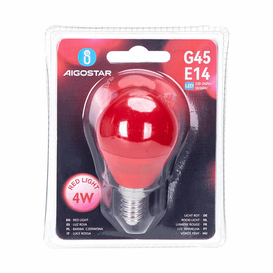 Rode LED-lamp met E14-schroefdraad, glanzend oppervlak en zichtbare CE-keurmerken. Ideaal voor kleurrijke verlichting in moderne woningen en buitenruimtes.