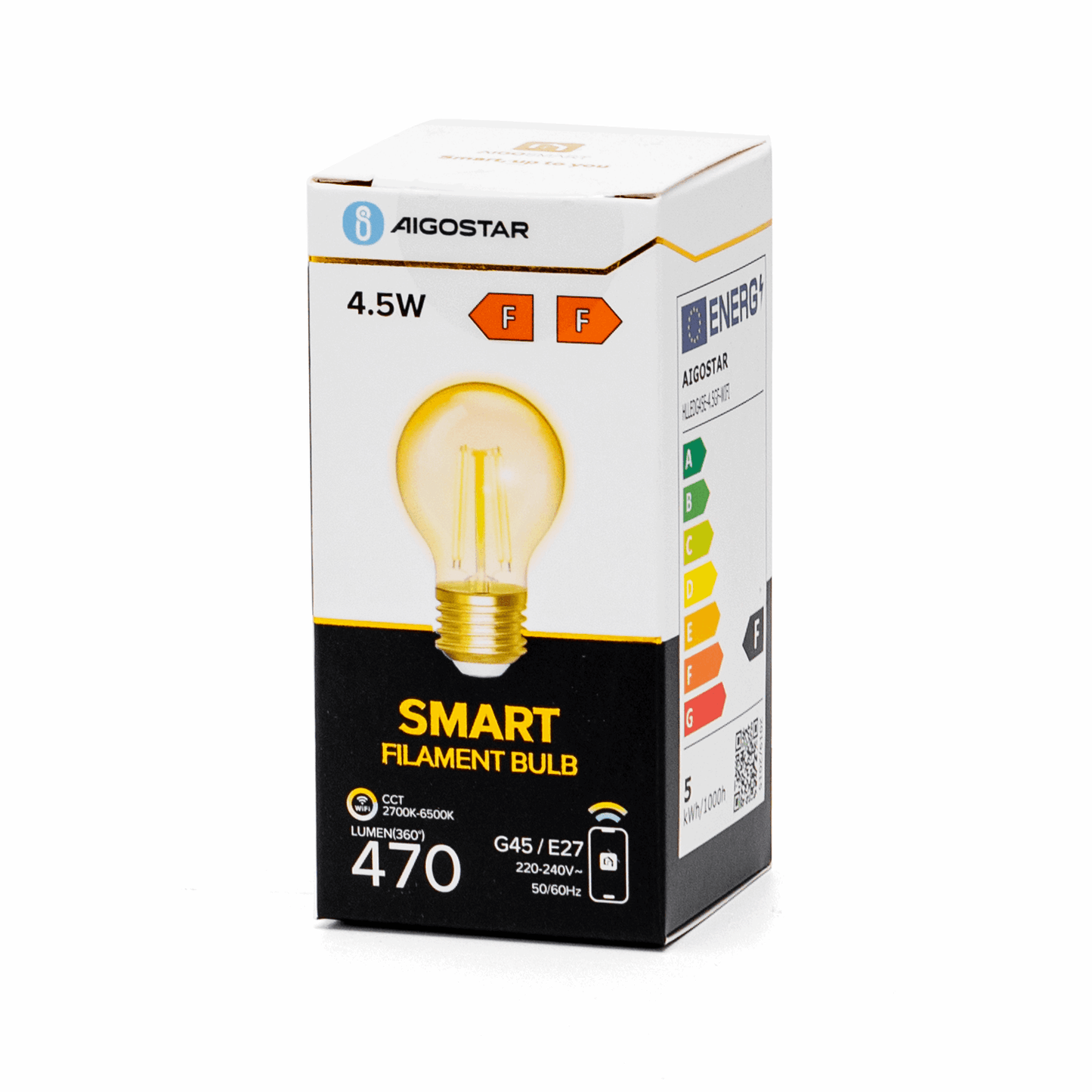 Gouden filamentlamp met E27-schroefdraad en zichtbare LED-draden, geschikt voor slimme verlichting. Kleurtemperatuur 2700K-6500K, bedienbaar via smartphone.