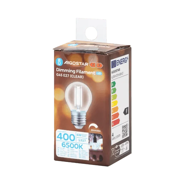 Een glazen LED-lamp met E27-schroefdraad en zichtbare gele filamenten, geschikt voor moderne verlichting. Transparante kap met zichtbare technische specificaties voor energiezuinige huishoudelijke gebruik.