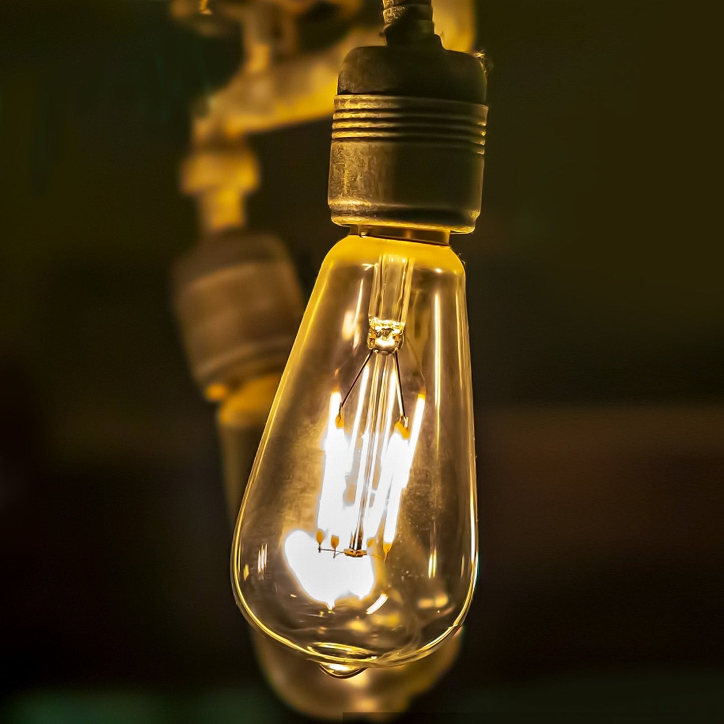 Gouden vintage LED-lampen met glazen kap en zichtbare draad, geschikt voor retro verlichting. Perfect voor warme, sfeervolle interieurs en vintage decor.