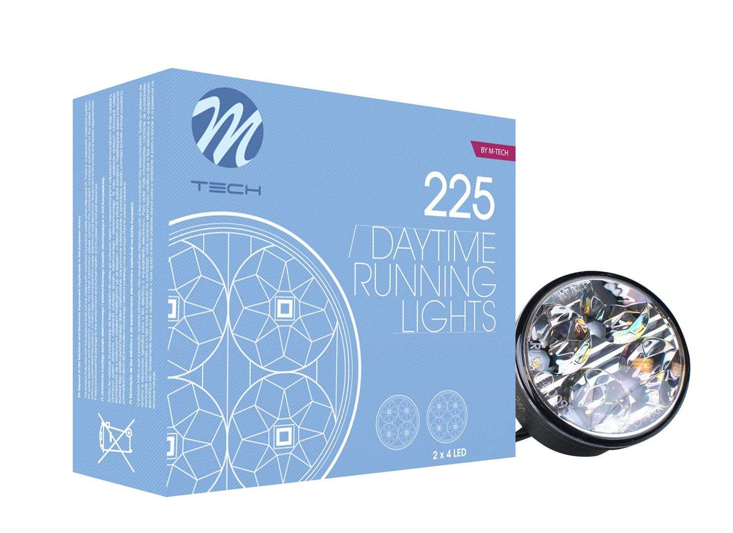 Zwart, ronde LED-verlichting met vier heldere lichtbronnen en glazen lens, voorzien van zwarte stekkerkabels. Geschikt voor gebruik als aanvullende verlichting op voertuigen of in de garage.