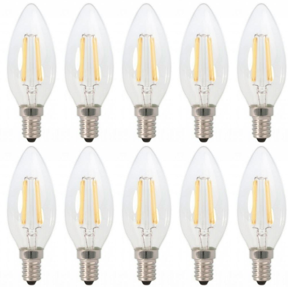 Zes glazen LED-lampen met warm wit licht, elk met een zichtbare filamentstructuur en een zilverkleurige E14-schroefdraad, geschikt voor vintage of klassieke verlichting in huishoudelijke en decoratieve toepassingen.