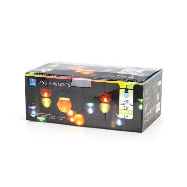 Grote LED-verlichting met 50 kleurrijke bolletjes in rood, groen, blauw en geel, geschikt voor binnen- en buitenruimte. Inclusief stroomadapter en schematische weergave van de installatie.