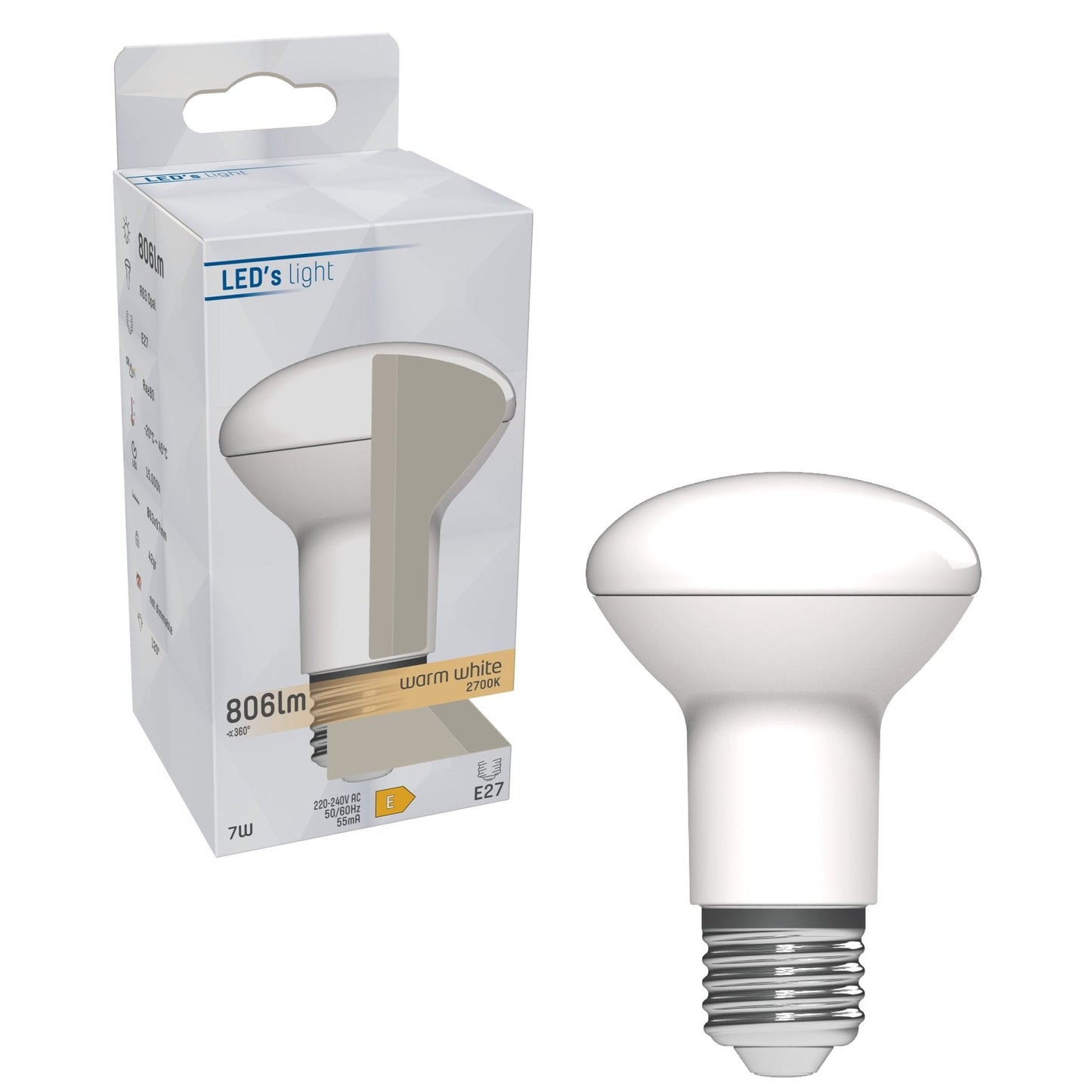 Een witte R50 LED-lamp met E27-schroefdraad, geschikt voor binnenverlichting. Glanzende, reflecterende kap en metalen draad voor efficiënte, energiezuinige verlichting.