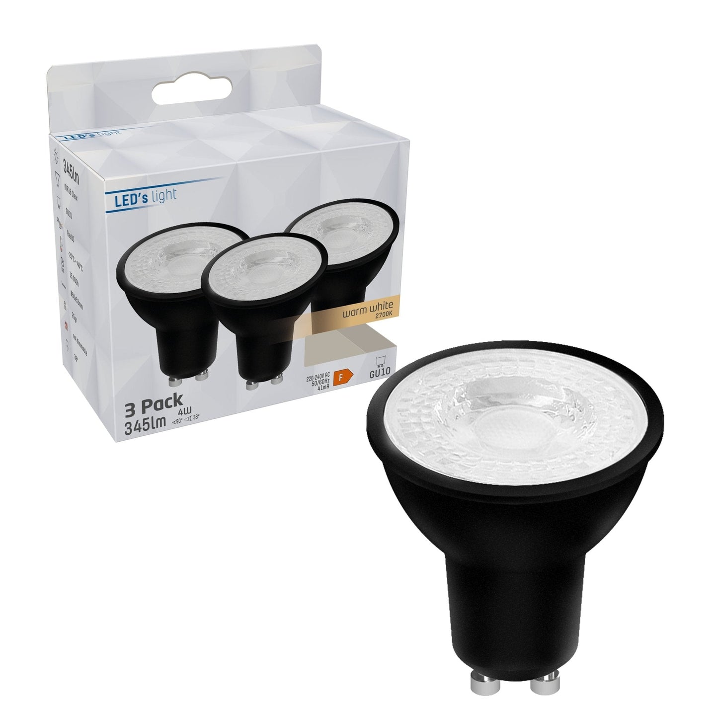 GU10 LED Spots zwart - Warm wit licht - 4W/50W - 345 lm - 3PACK