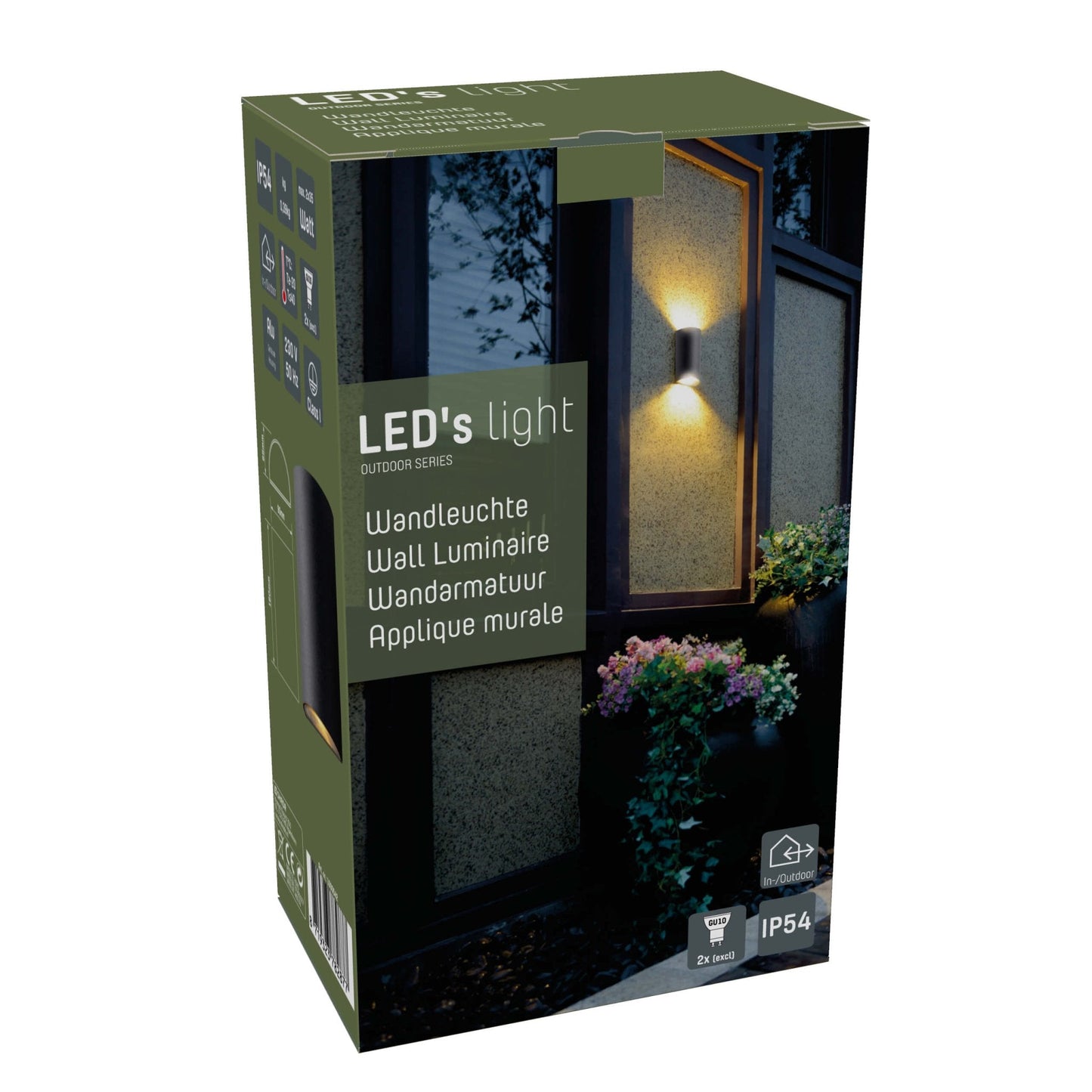 Zwart, cilindrisch wandlampje met warm wit licht, bevestigd aan een textuurrijke bakstenen muur. Ideaal voor buitenverlichting en moderne tuin- of terrasdecoratie.