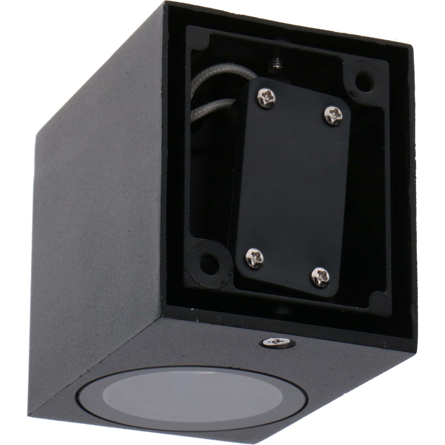 Zwart, vierkant wandlamp met warm wit licht, geschikt voor moderne interieurs. Geïntegreerde spotverlichting voor accentverlichting in woon- en werkkamer.