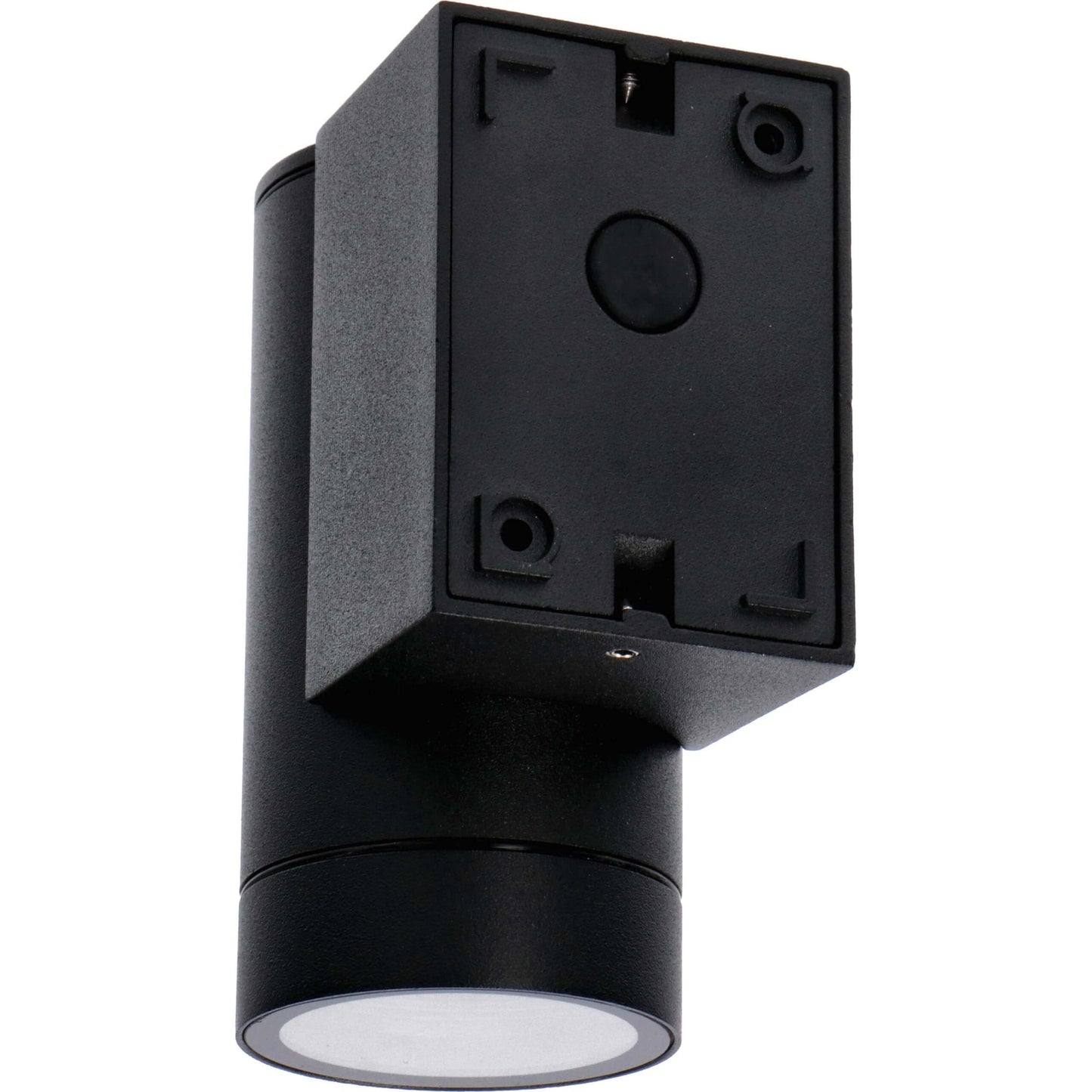 Zwart, cilindrisch buitenspot met warm wit licht, bevestigd aan een grijze bakstenen muur. Modern design voor buitenverlichting en tuinverlichting.