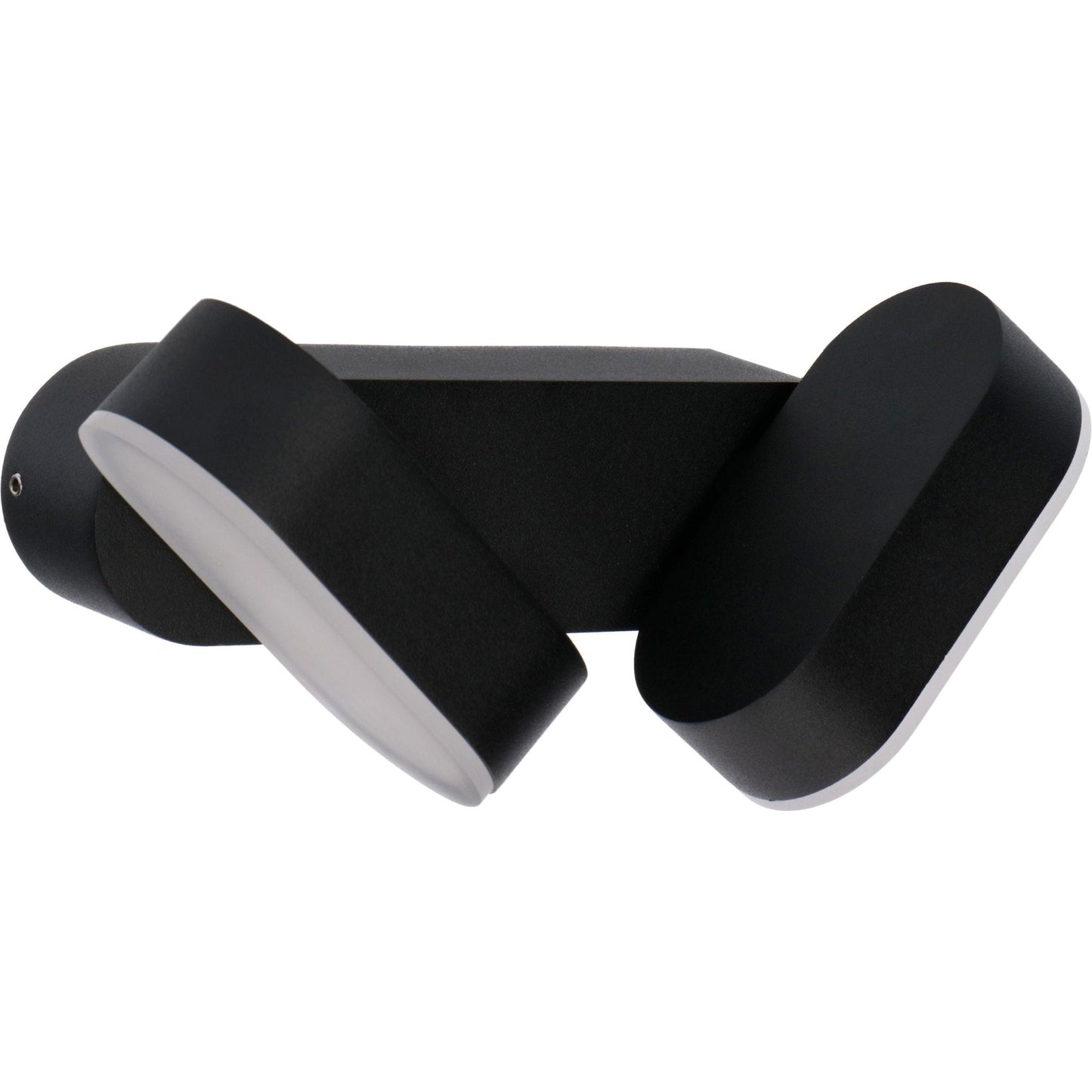 Zwart, modern wandlamp met twee schijnwerpers, geïnstalleerd op een textuurrijke bakstenen muur. Ideaal voor buitenverlichting en stijlvolle tuinverlichting.