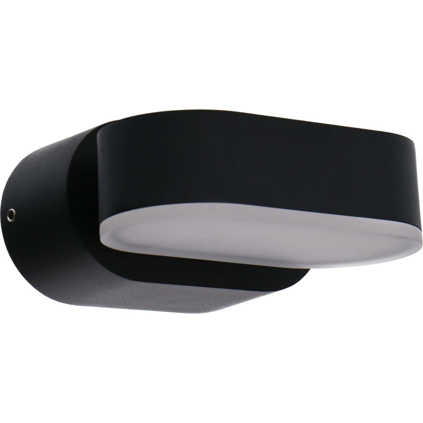 Zwart, modern buitenspot met warm wit licht, gemonteerd op een textuurrijke bakstenen muur. Ideaal voor verlichting van terrassen en tuinen bij avond of nacht.