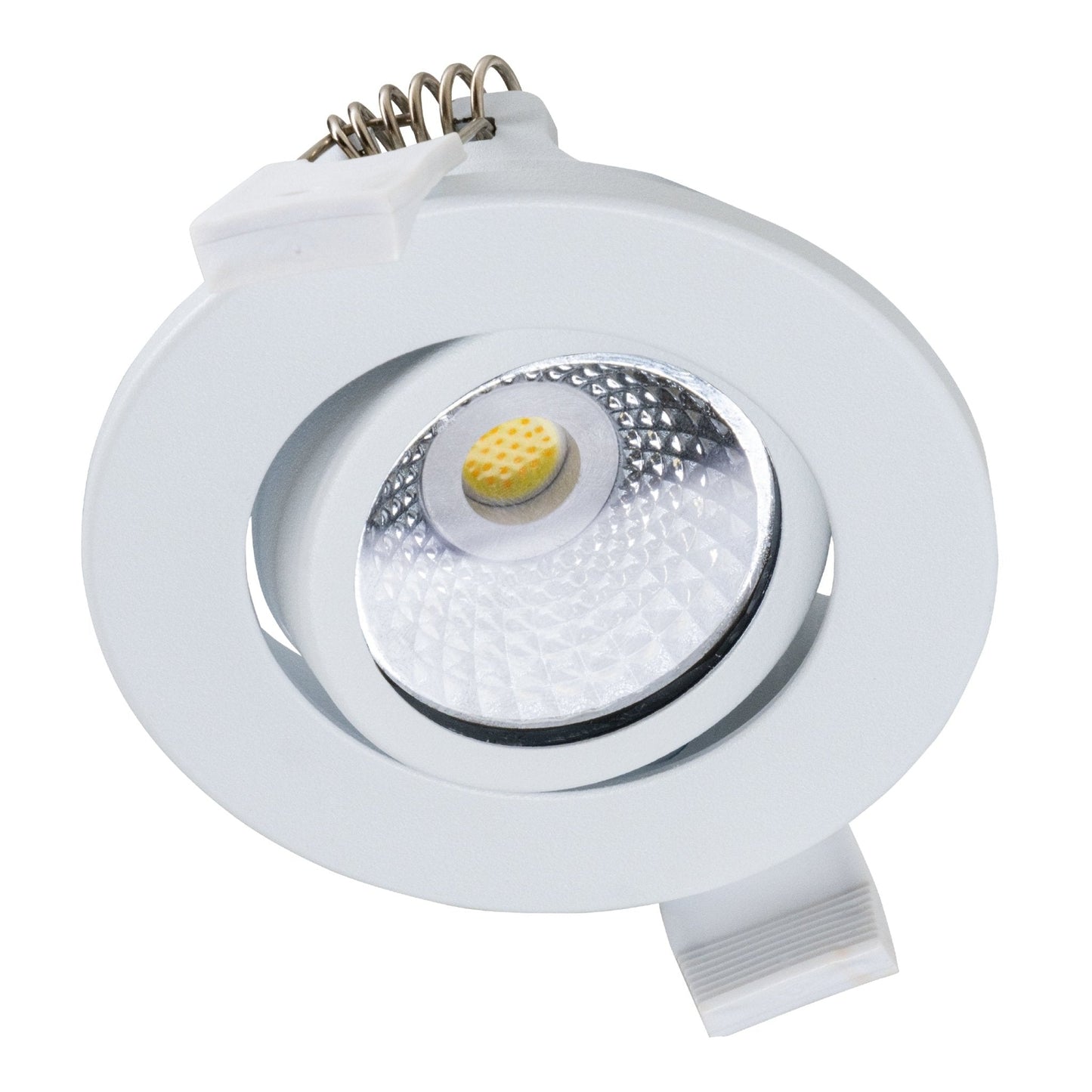 Drie witte, moderne LED-spotlights met zichtbare goudkleurige chip en textuurde reflector, geschikt voor inbouwverlichting in woon- en commerciële ruimtes.