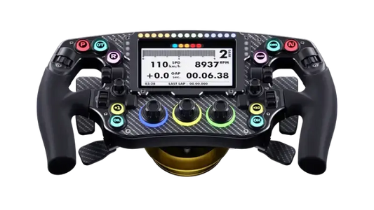 Formuleer een F1-stuurwiel met carbonvezel, kleurrijke knoppen en digitale display, speciaal ontworpen voor race-game-ervaringen en professionele simulaties.