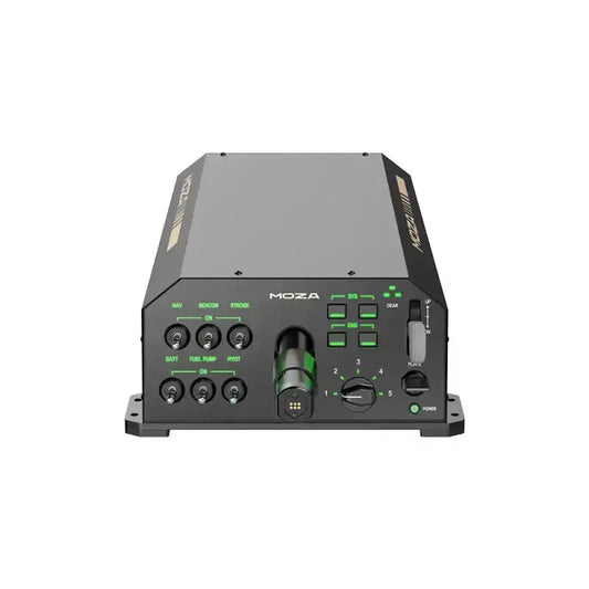 Zwart metalen MOZA stabilisatiesysteem met goudkleurige logo, groene LED-indicatoren en draaiknoppen. Geschikt voor professionele videoproducenten en drone-opnames.