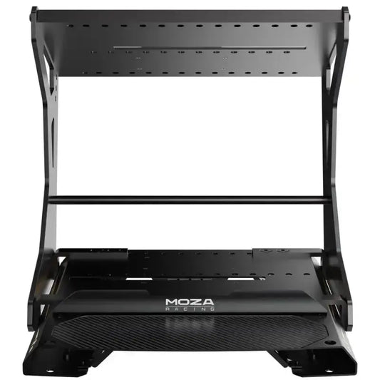 Zwart metalen MOZA Racing stuurwielhouder met verstelbare montageplaten en schuifbare onderdelen, speciaal ontworpen voor race- en gamingstoelen. Ideaal voor professionele race- en gamingtoepassingen.