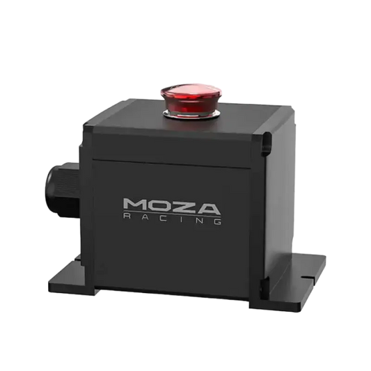Zwart metalen MOZA Racing-gereedschap met rood knopje en zichtbare montagevoeten, speciaal ontworpen voor race- en motorsporttoepassingen. Compacte, robuuste constructie voor hoge prestaties op de baan.