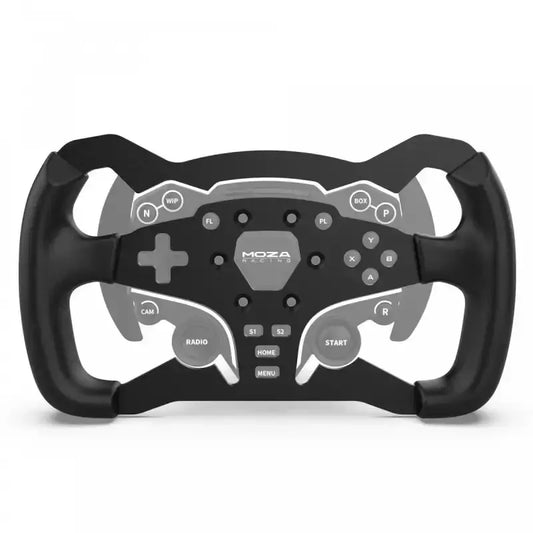 Zwart stuurwiel voor racegame, met zichtbare knoppen en handgrepen. Geschikt voor PlayStation 5 en Xbox Series X, met realistische textuur en precisie voor race- en simspellen.