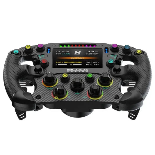 Moza Racing stuurwiel met carbonvezel en perforatie, kleurrijke knoppen en digitale display voor racegames. Geschikt voor F1-simulaties en professionele racing-ervaring.