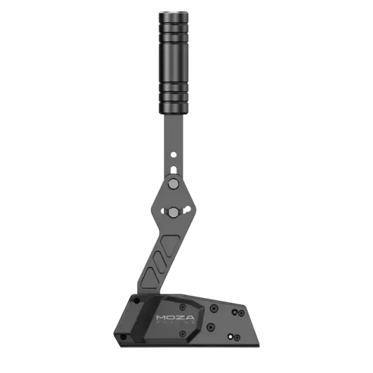 Zwart metalen MOZA stabilisatiesysteem met verstelbare arm en knoppen, geschikt voor professionele videoproducenten. Compacte constructie voor gebruik met camera’s en stabilisatoren.