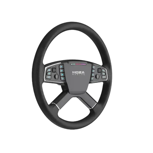 Zwart stuurwiel van Moza Racing met perforatie, kleurrijke LED-indicator en bedieningsknoppen. Geschikt voor race- en gamingstoelen, met sportief design en tactiele feedback.