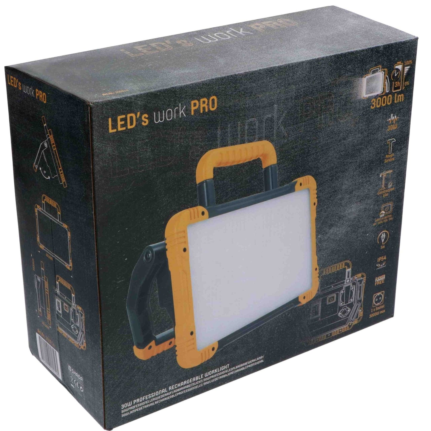 LED’s work PRO werklamp met robuust geel-zwart frame en handvat, geschikt voor professionele werkomgevingen. Zichtbaar op de voorkant: heldere witte verlichtingsvlak en sterk afgewerkte randen.
