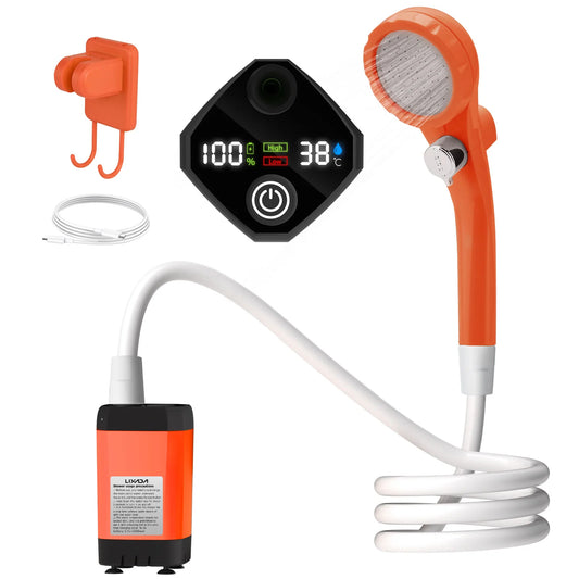 Comnox - Draagbare Camping Douchepomp - Digitale Display - Oplaadbaar - Buitendouche met Waterstop - 6000mAh Battery - Camping Shower - Oranje - Comnox Company