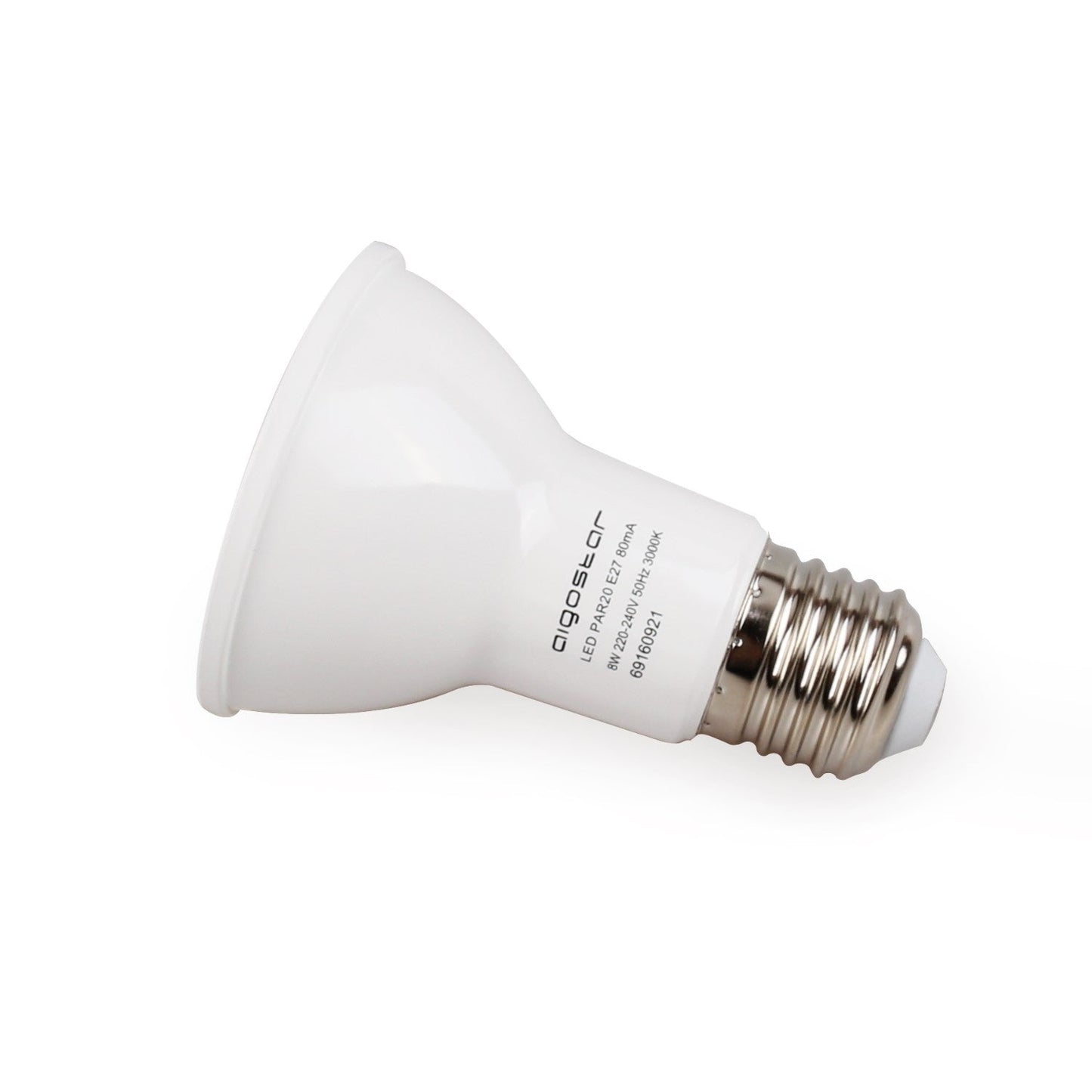 Een witte Aigostar LED PAR20-lamp met E27-schroefdraad, geschikt voor moderne verlichting. Zichtbaar op de lamp: technische specificaties en zilverkleurige metalen basis.