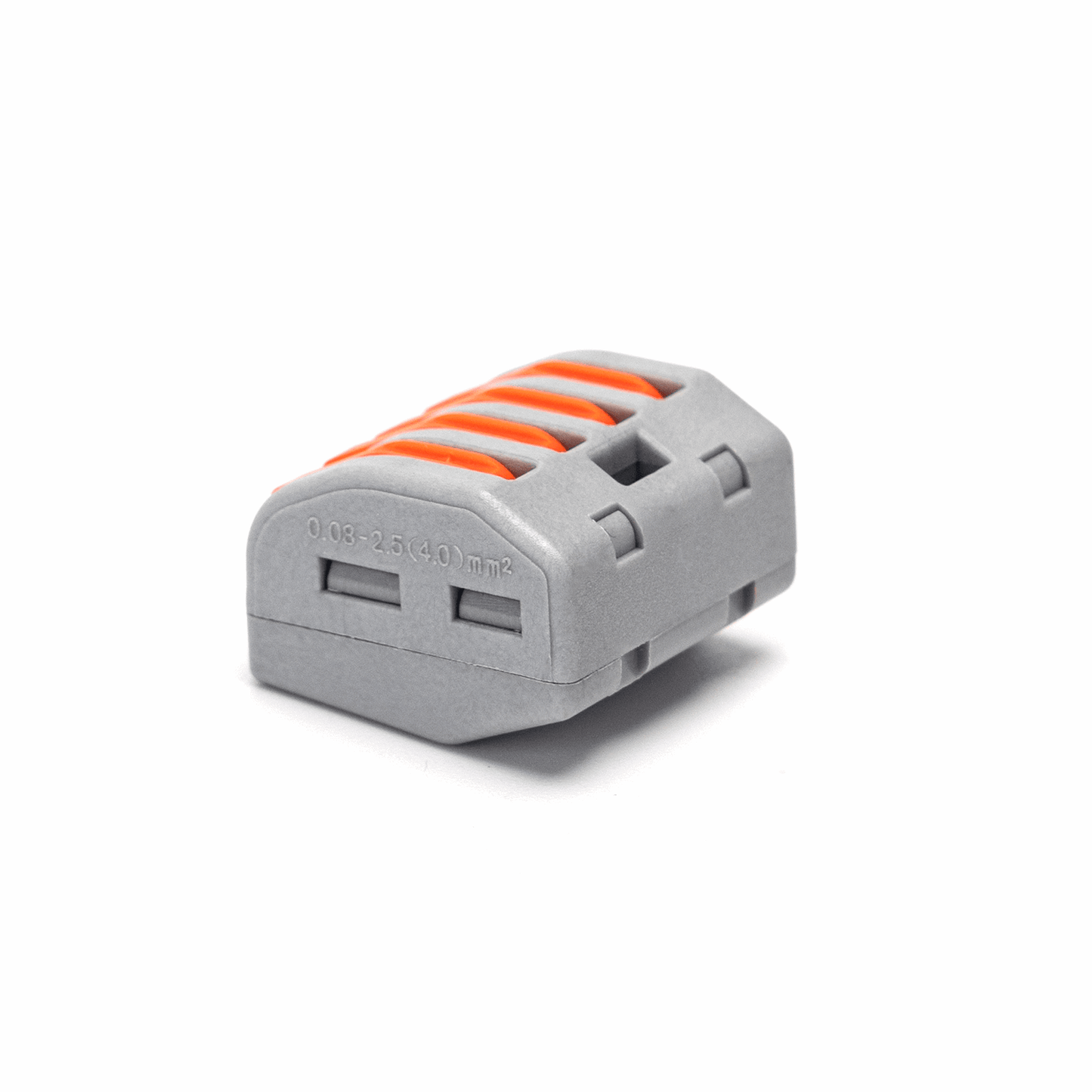 Vijf grijze kabelklemmen met oranje klemschijven, geschikt voor elektrische installaties. Robuust kunststof ontwerp voor veilige kabelverbindingen in huishoudelijke en professionele toepassingen.