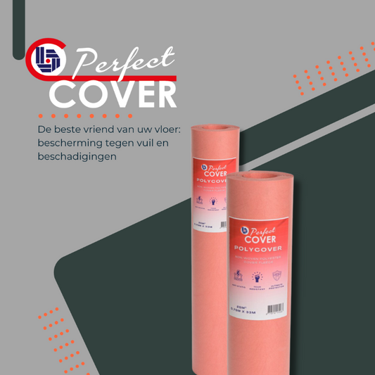 Een roze, cilindrisch rolproduct van Polycover, met een wit etiket dat merknaam en gebruiksaanwijzingen toont. Geschikt voor bescherming van meubilair en oppervlakken tijdens renovatie of transport.
