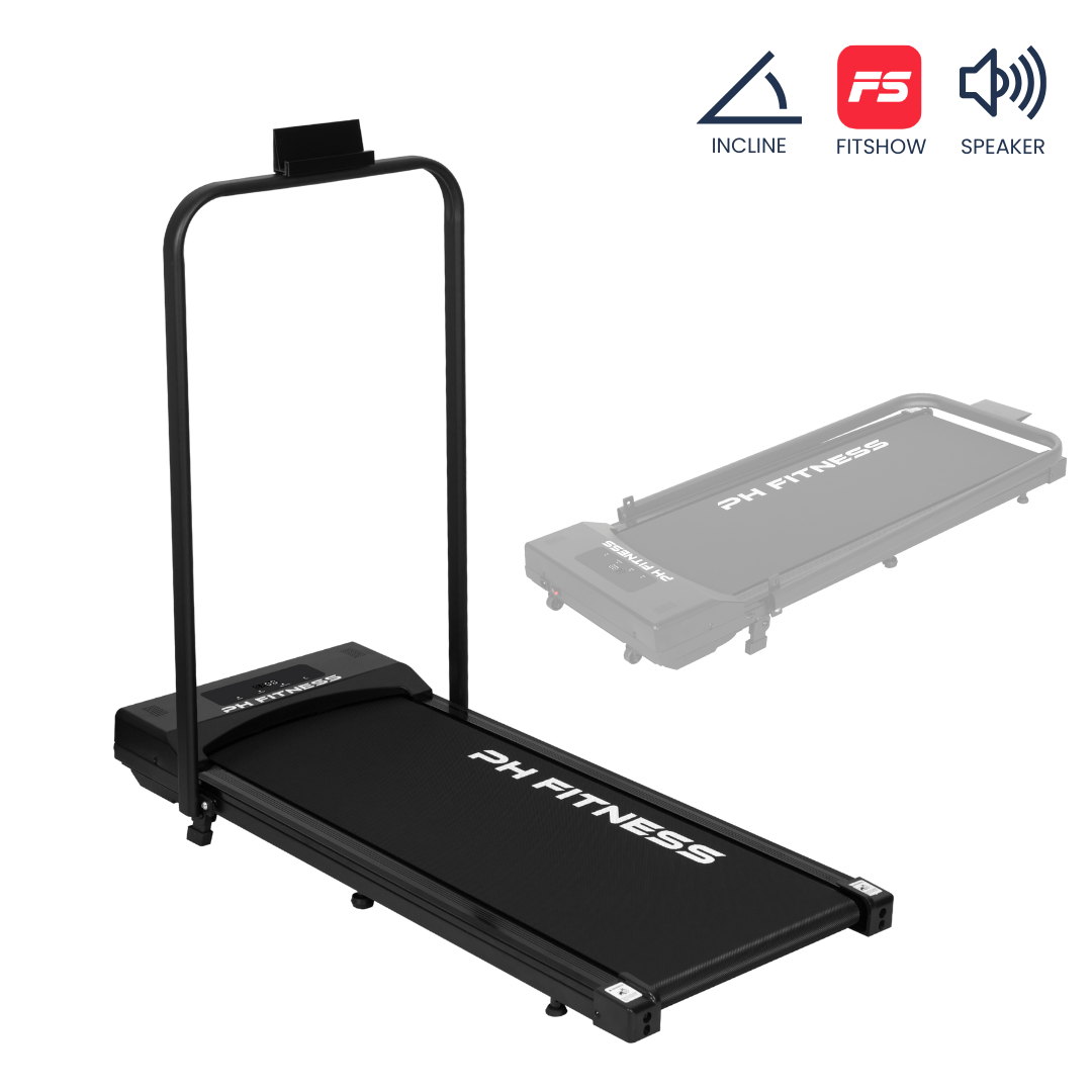 Een man loopt op een zwarte PH FITNESS loopband met blauwe verlichting, gekleed in een grijze tanktop en blauwe shorts. De loopband heeft een draadloze afstandsbediening en is geschikt voor thuisfitness en gewichtsverlies.