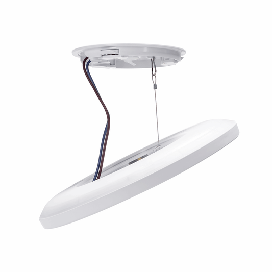 Een moderne, ronde plafondlamp met RGB+CCT-verlichting, die kleurrijke tinten uitstraalt. Geschikt voor slimme huishoudens met Wi-Fi-apparaat en muziekmodi.
