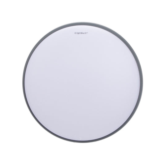 Een moderne, ronde plafondlamp in zilverkleurig metaal met een witte diffuser. Geschikt voor minimalistische interieurs en als energiezuinige verlichting in woon- en werkkamers.