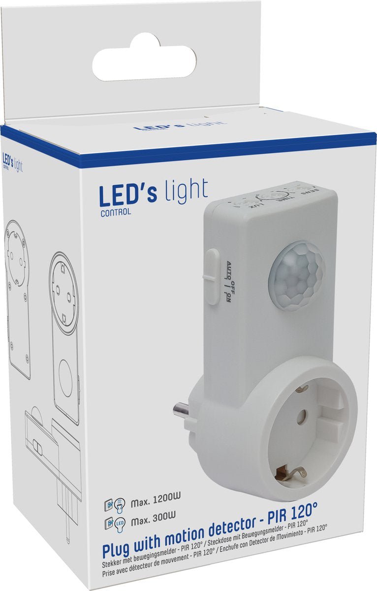 Een witte, compacte bewegingssensor met een Europese stekker en een ronde, facettenrijke sensor. Geschikt voor automatische verlichting in huis of kantoor.